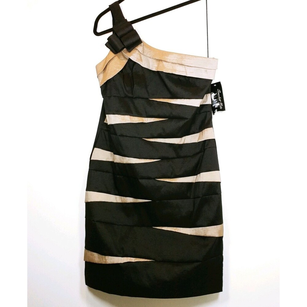 SCARLETT NITE Womens Dress Multicolor Black Beige One Shoulder Strap layered